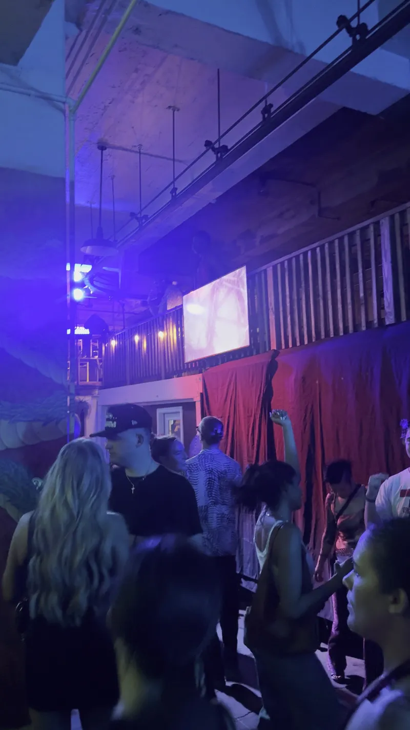 A crowd with hands up under red light in the Back Venue at 1712 Studios on a dance party night